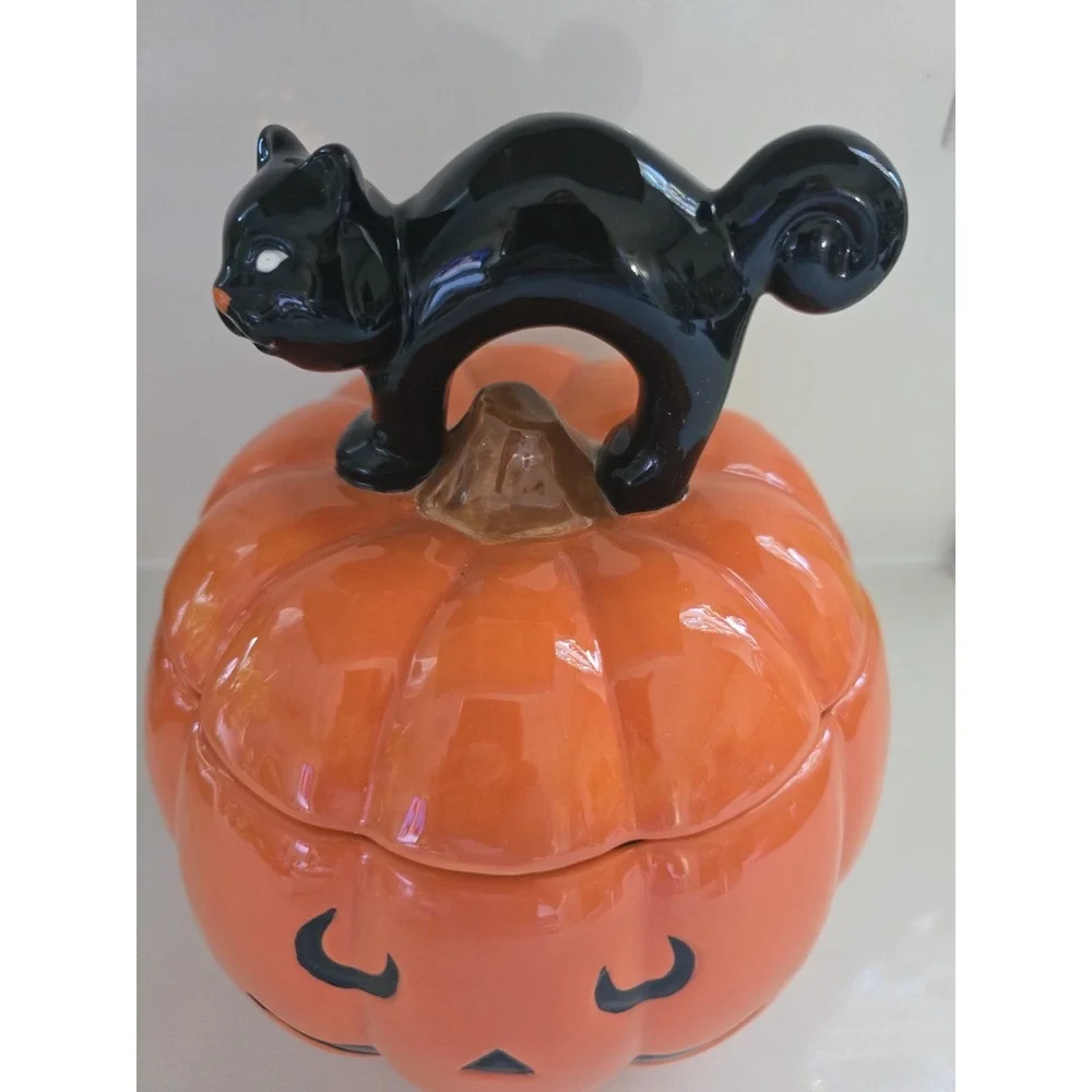 Halloween‎ Jack-o'-lantern Black Cat Cookie Jar Canister Storage New Without Tag